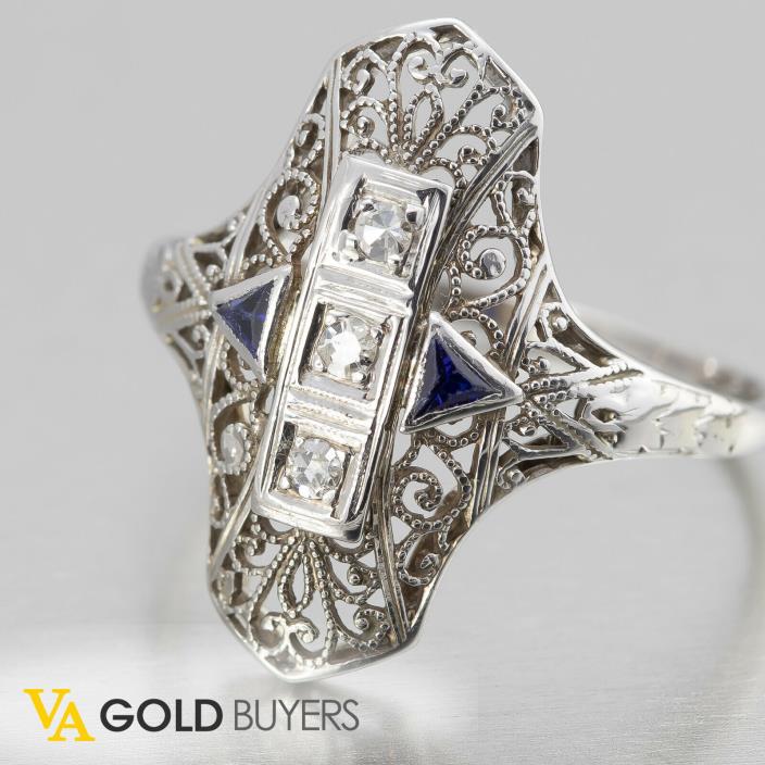 1930s Antique Art Deco 14k Diamond / Sapphire Filigree Shield Ring - Size 8.25
