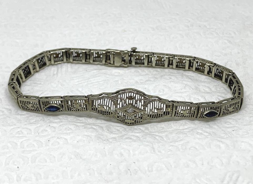 1920’s Antique 14k White Gold Art Deco Filigree Diamond Sapphire Bracelet, 7.25
