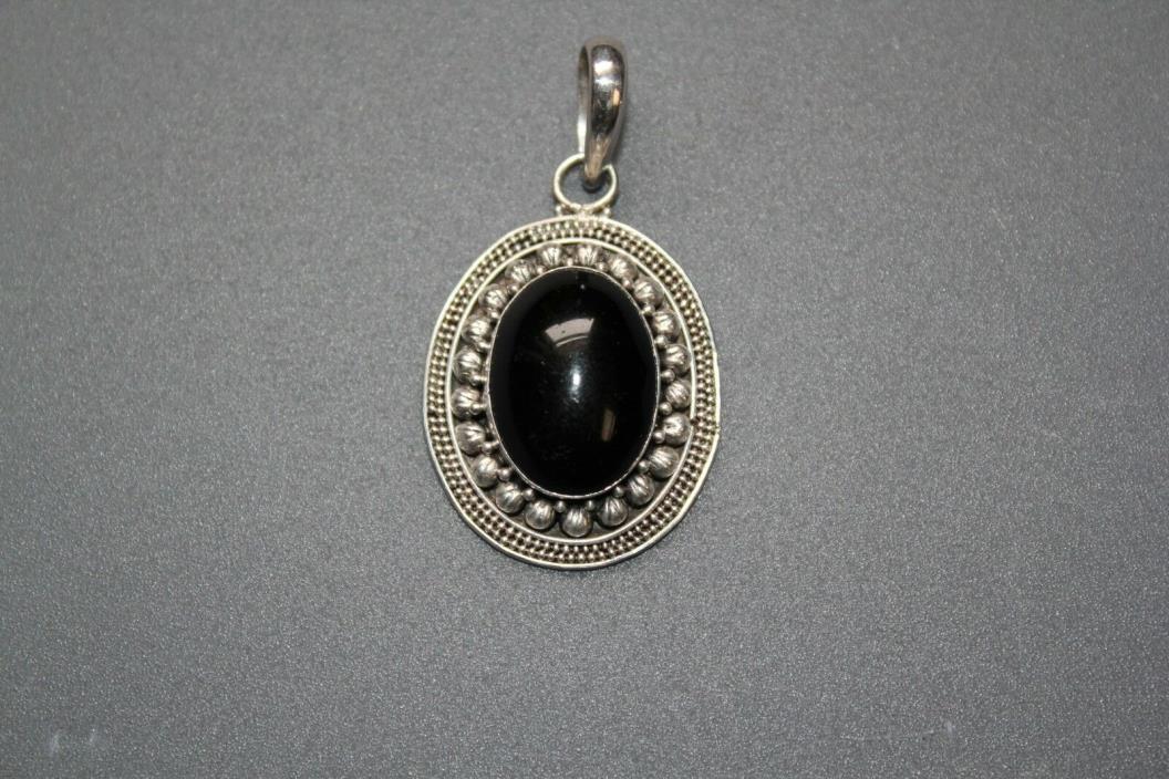 Victorian 925 Antique Black Onyx Cabochon Pendant Beaded Motif