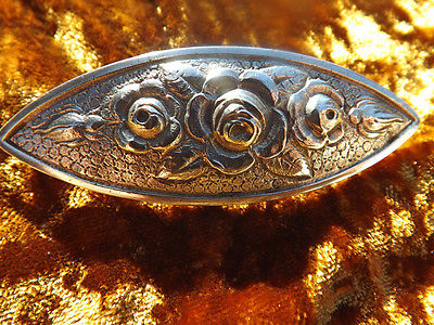 1925 Art Nouveau 800 Silver Repousse Brooch with Roses