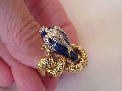 ART DECO 18K YELLOW GOLD DIAMOND & BLUE ENAMEL SNAKE RING  16 DIAMONDS SZ 6 1/4