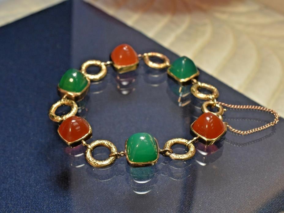 Antique Art Deco 14K Gold Chrysoprase Carnelian Gum Drop Cabochon Bracelet