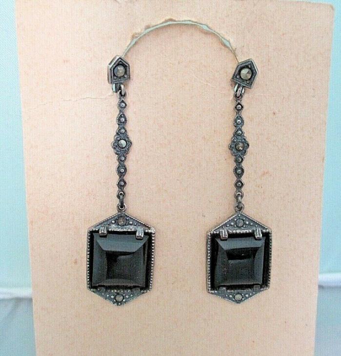 ANTIQUE ART NOUVEAU BLACK ONYX MARCASITE STERLING SILVER DROP SCREW EARRINGS