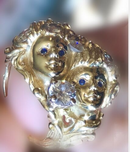 MENS/woman’s 14k Gold Diamond Ring With 2 Lady's Faces VERY SHINY MANY DIAMONDS