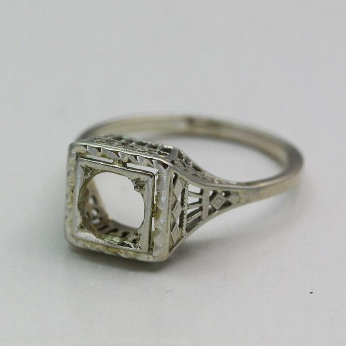 Vintage 14K White Gold Art Deco 5mm Round Empty Mounting Ring - Size 6.5