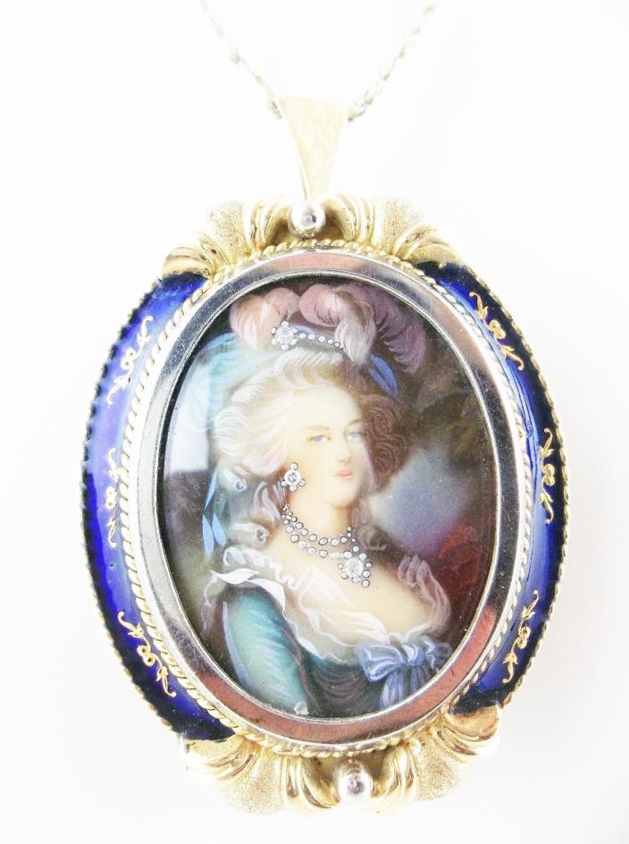 Antique 18k Mary Antoinette diamonds cobalt blue enamel pendant/pin 14k chain