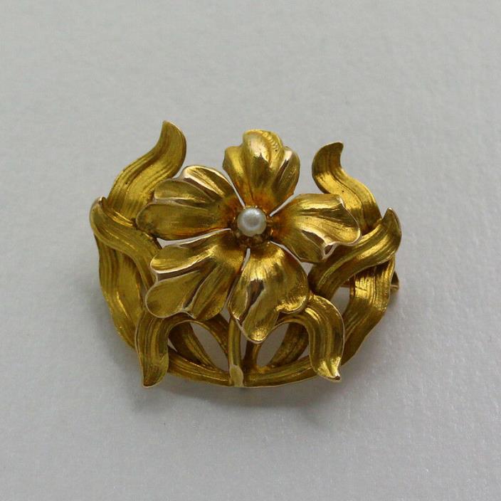 Antique 10k Yellow Gold Seed Pearl Art Nouveau Floral Pin