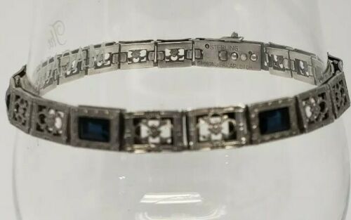 1920s ART DECO STERLING FILIGREE Bracelet SIGNED Simmons Sapphires