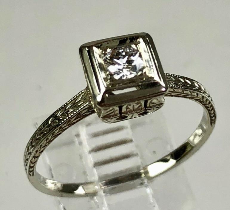 1930s Diamond Engagement Ring  18K White Gold   Chasing  Delicate  ER1157