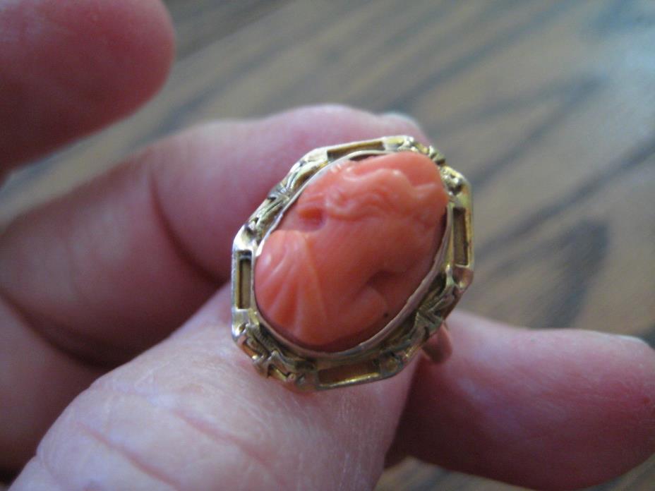 Genuine Carved Coral Cameo 10 K Yellow Gold Antique Deco RING Size 6 1/4