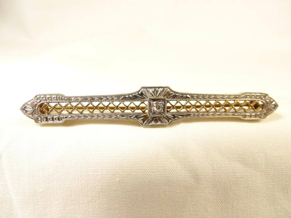 Antique Beautiful 14 K Gold Old European Cut Diamond Art Deco Wide Pin Brooch