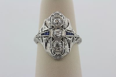 1920's Antique Art Deco Old Miner Diamond & Sapphire Solid Platinum Ring- Size 6