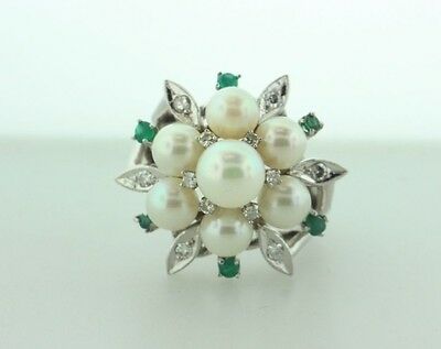 Antique 14K White Gold Pearl Flower Ring with Diamond & Emerald Accent -sz 7.5