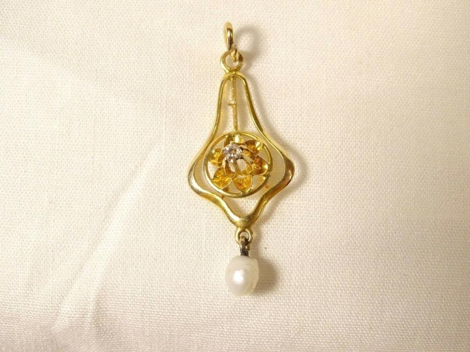 Antique Art Deco Old European Cut Diamond 10 K Gold Pearl Lavalier Pendant