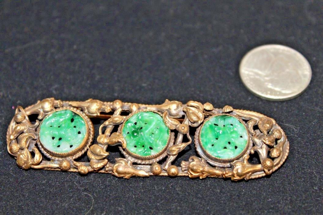 Vintage carved pierced faux jade gilt brooch
