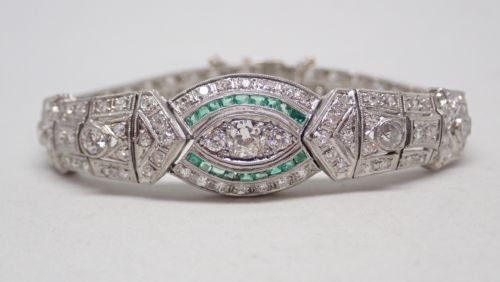 Art Deco Filigree Platinum 4ctw Old European Diamond & Emerald Bracelet 6 3/4