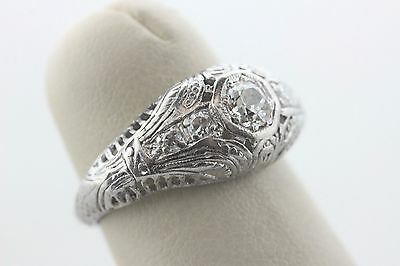 Antique Art Deco Platinum 0.33ct Diamond Engraved Engagement Ring - Size 5