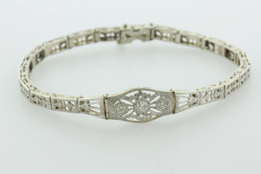 Vintage Estate Ladies 14K White Gold Triple Diamond Filigree Link Bracelet - 7