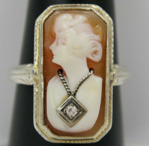 ANTIQUE / VINTAGE ~ 14K White Gold ~ CAMEO Woman w/ a DIAMOND Necklace in Ring
