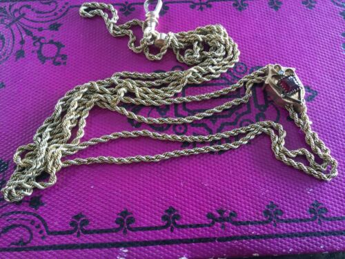 Antique vtg gold filled watch chain~large slide w pearl & red stone early 1900
