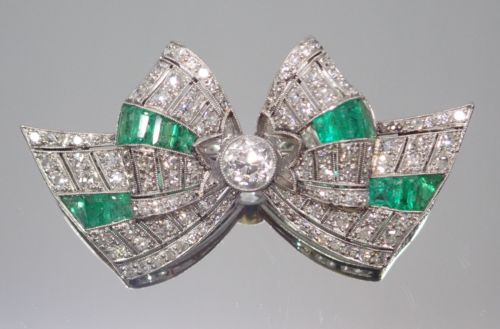 Art Deco Platinum 1.56 Old European Cut Diamond & Emerald Bow Pin for Repair