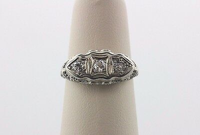 Antique Art Deco 18K White Gold Filigree 0.25ct 3-Diamond Women's Ring - Sz 6.5