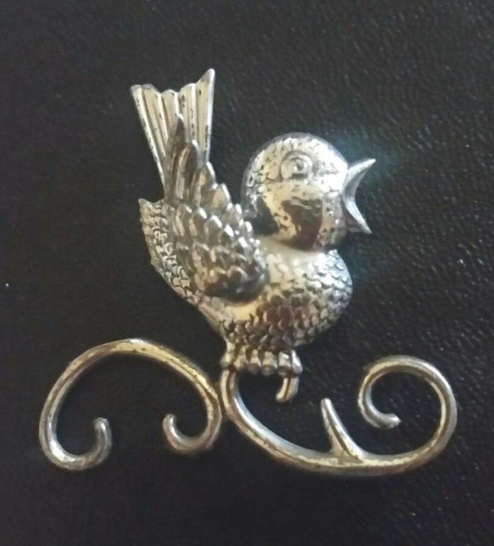 Vintage  Retro Sterling Silver Lang  Baby Bird Branch Pin Brooch Happy Chirps