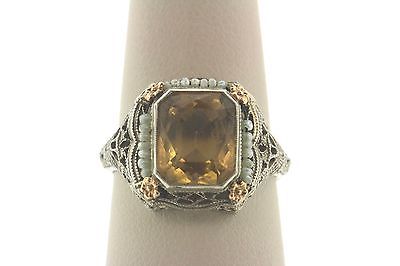Art Deco Estate 14K White Gold Filigree Accented Pearl on String Citrine Ring