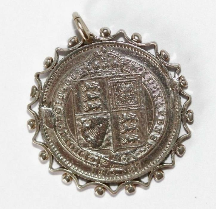 Antique 1887 English Shilling Coin Sterling Silver Bracelet Charm Pendant