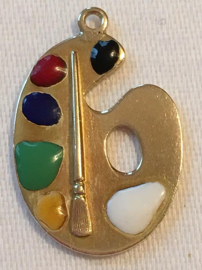 VINTAGE 14k YELLOW GOLD ARTIST PALETTE CHARM with BRUSH, MULTI COLOR STONES
