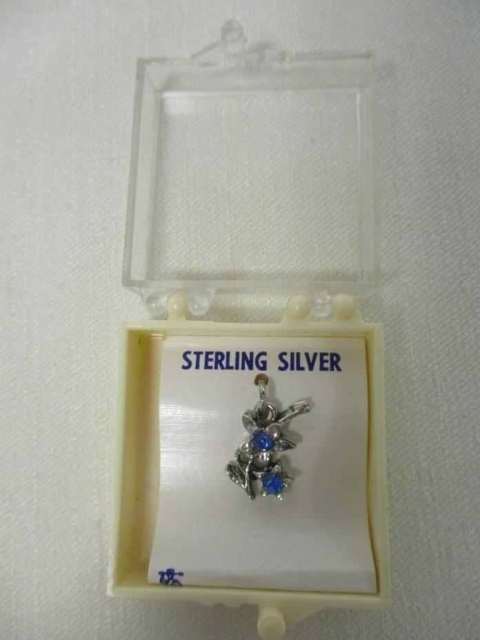 VINTAGE STERLING SILVER MADE USA FLOWERS w BLUE RHINESTONES CHARM MINT in CASE