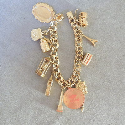 Jewelry Bracelet & 11 Charms Vintage Women's 14k Gold Charm  Travel 1970s 7.5