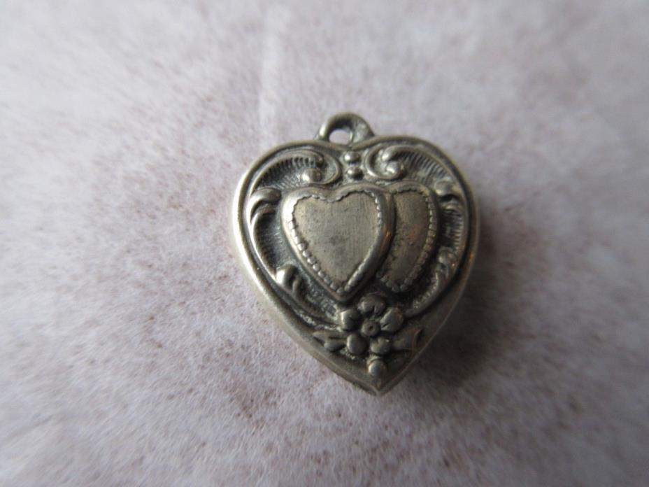 Vintage Sterling Silver Bracelet Charm Double HEARTS Scroll Puffy Charm Engraved