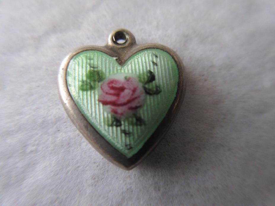 Vintage Sterling Bracelet Charm Puffy Heart Mint Green Guilloche Enamel Charm