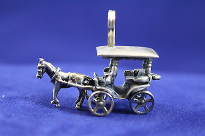 STERLING SILVER CABNET MINIATURES CHARMS HORSE CARRIAGE WITH MOVING WHEELS
