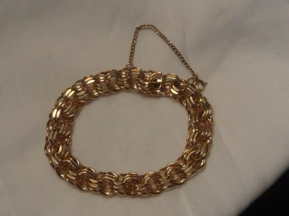 Vintage 12K Gold Filled Triple Link Starter Charm Bracelet w/Safety Chain
