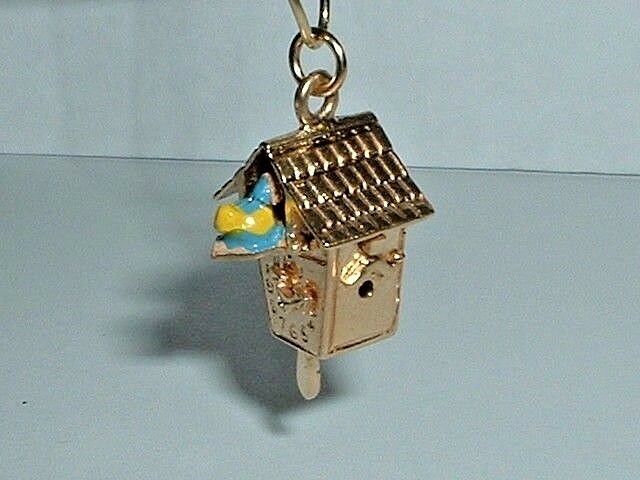VINTAGE 14k YELLOW GOLD MOVEABLE 3D CUCKOO CLOCK CHARM bird pops out
