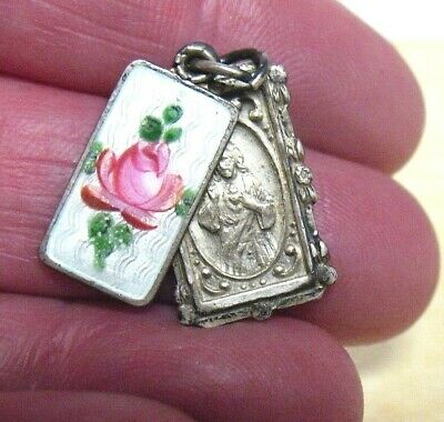 ANTIQUE STERLING SILVER FRENCH ENAMEL RELIGIOUS CHARM 2 PARTS 3.3 GRAMS