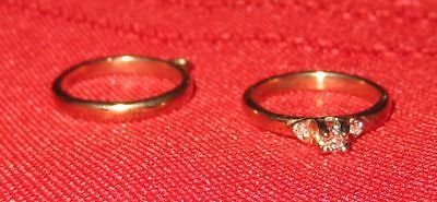 2 Charms 10 K Solid Yellow Gold Vintage Engagement Diamond Ring and Wedding Band