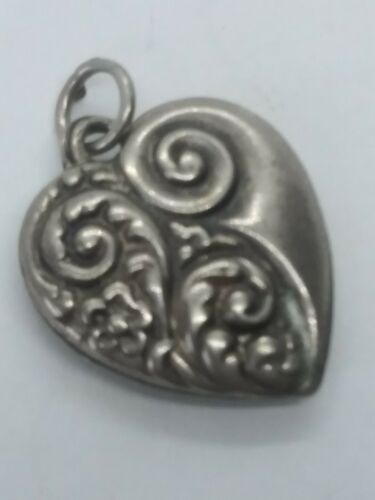 Antique Sterling Silver Cascading Floral Scroll Puffy Heart Charm