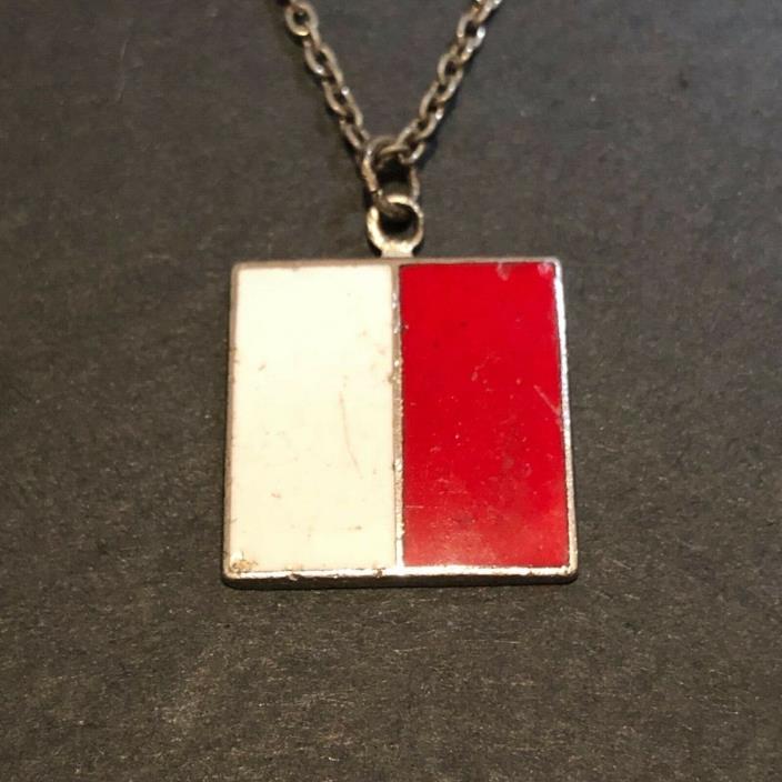 VTG. RED & WHITE ENAMEL SQUARE OR FLAG CHARM  WITH CHAIN