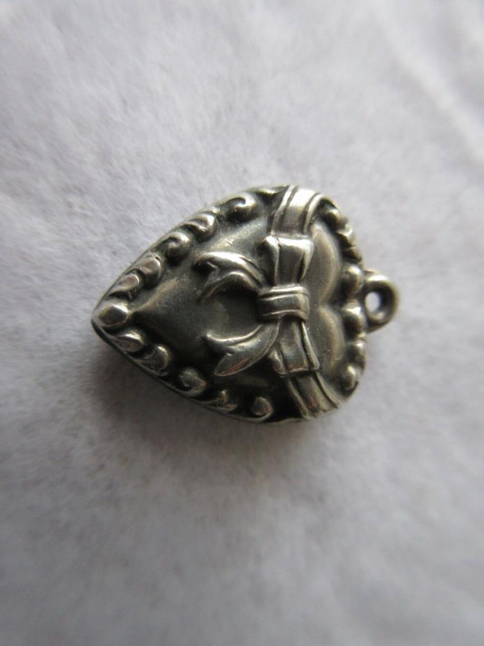 Vintage Sterling Silver Bracelet Charm Puffy Heart Repousse Valentine Ribbon Bow