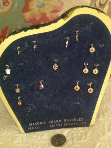 Masonic Charm Bracelet Charms On Original Card All 14 Are 1-20 12k Gold Filled