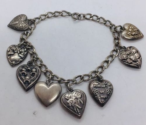 Vintage Sterling Silver 8 Puffy Hearts Floral Charm Bracelet