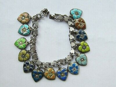 Vintage Sterling silver charm bracelet - 14 enameled puffy heart charms