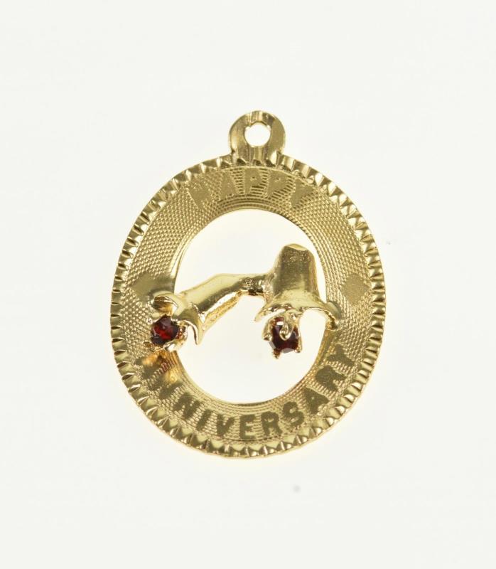 14K Happy Anniversary Garnet Wedding Bell Charm/Pendant Yellow Gold  *08