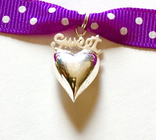 Vtg Sterling Silver Sweet Puffy Heart On Purple Ribbon 3/4”