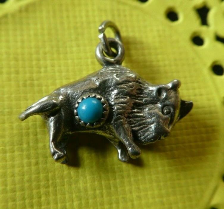 Vintage Sterling Silver & Turquoise Bead Buffalo Bison Charm