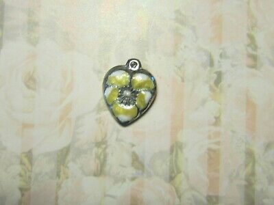 Vintage Sterling silver enameled puffy heart charm-YELLOW & WHITE pansy
