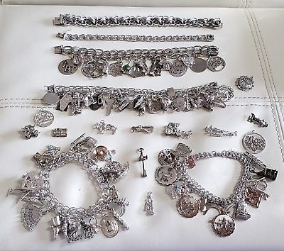 HUGE LOT 332 gr 6 VINTAGE STERLING CHARM BRACELETS 84 UNUSUAL CHARMS MOVEABLE